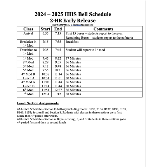 2024 - 2025 2-Hour Early Release Bell Schedule